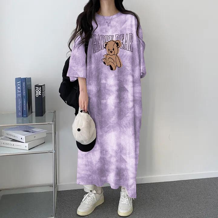 

2024 Tie-Dye Short-Sleeve T-Shirt Dress: Korean-Style Casual Fashion for Women M фиолетовый