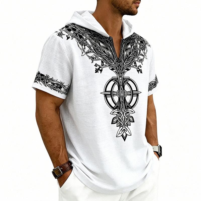 Men Loose Hooded Faith Rune Print Short Sleeve Casual T Shirt