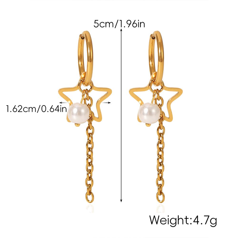 Vintage Stainless Steel Gold Color Star Drop Earrings for Women Elegant Pearl Dangle Earring Long Chain Tassel Geometric Zircon