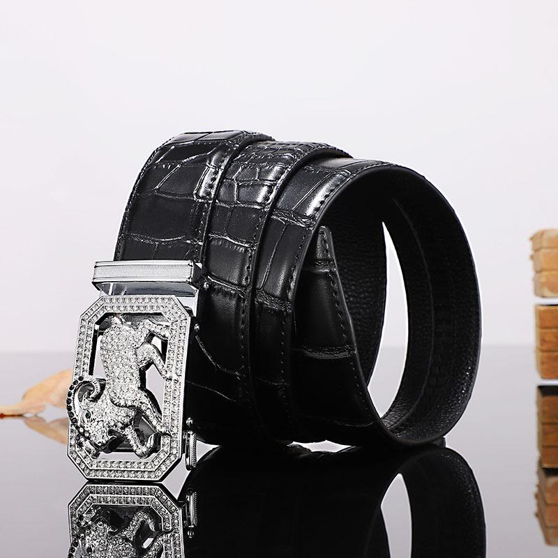 Cinto masculino de couro fivela automática primeira camada couro de vaca doze zodíaco botão cabeça crocodilo padrão cinto masculino
