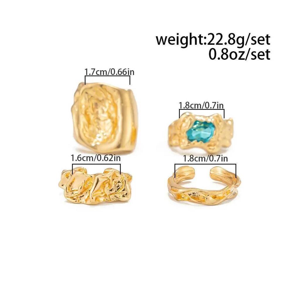 SHIXIN 4Pcs/Set Retro Gold Color Irregular Texture Metal Ring Women Men Exquisite Acrylic Rhinestone Open Wide Ring Jewelry Gift