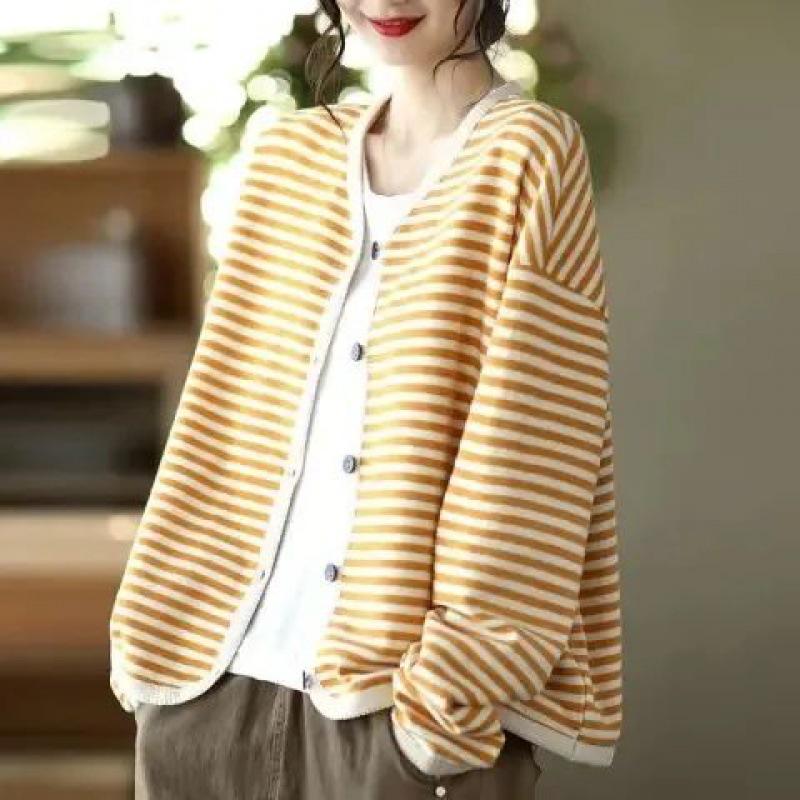 Women's Spring and Fall Design Striped Casual Jacket Long-sleeved V-neck Buttons Top