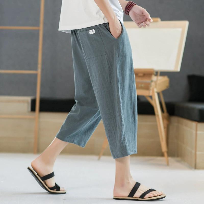 Shorts Men's Summer Outerwear Thin Cotton Straight Leg Knee High Mid Length Pants Trendy Loose Linen Casual Cropped Pants