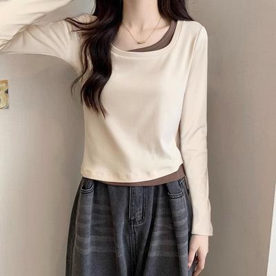 Square Collar, Right Shoulder, Long-sleeved T-shirt, Women Bottoming Shirt, Autumn Design, Fake Two-piece Stitching, Contrasting Color Short Slimming