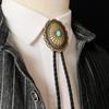 PU Woven Rope Turquoise Bolo Tie Western Country Style Brass Carved Flowers Necktie  Gift