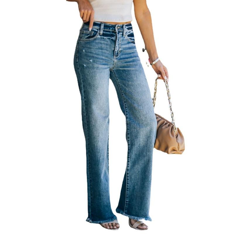Frühling Herbst Sommer Damen Jeans Hohe Taille Weites Bein Hose Raw Edge Denim Hose