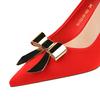 Women's Shoes with Thin Heels, High Heels, Silk, Shallow Mouth, Pointed Metal Bow, Single Shoe