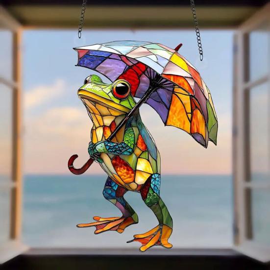 Colorful Frog Acrylic Suncatcher Umbrella Frog/Three Frogs On Branch Stained Glass Window Hanging Ornament for Indoor Outdoor Garden Housewarming