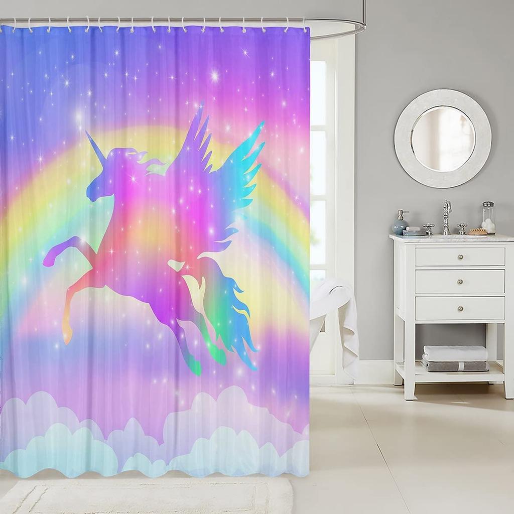 Gradient Purple Shower Curtain, Rainbow Unicorn Bath  Glitter Stars, Waterproof Curtains, Dreaming Cartoon Bathroom Deco