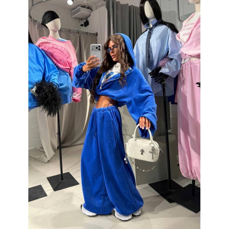 Womens Loose Fit Solid Color Lounge Set Long Sleeve Zip-Up Hooded Top Wide Leg Pants 2-Piece Comfortable Casual Outfit