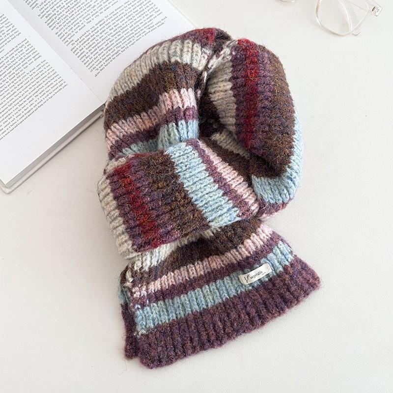 Soft Knitted Scarf Women Winter Warm Thick Striped Infinity Loop Vintage Color Block Style