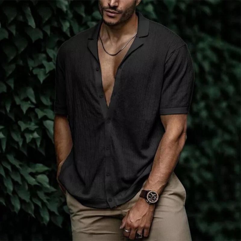 Vintage Lapel Button Solid Shirt Men's Clothing Spring and Summer Short Sleeve Loose Top Men's Casual Shirt