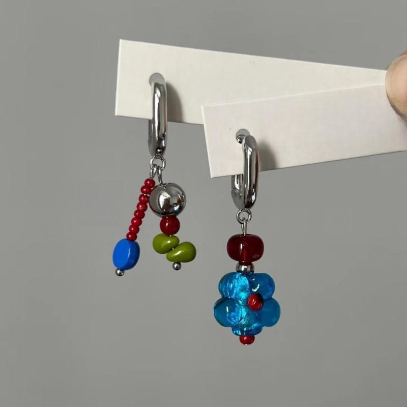 Vintage Asymmetric Flower Earrings for Women Fashion Blue Crystal Bead Ear Buckle Earrings Trendy Aesthetic Y2K Jewelry Gifts