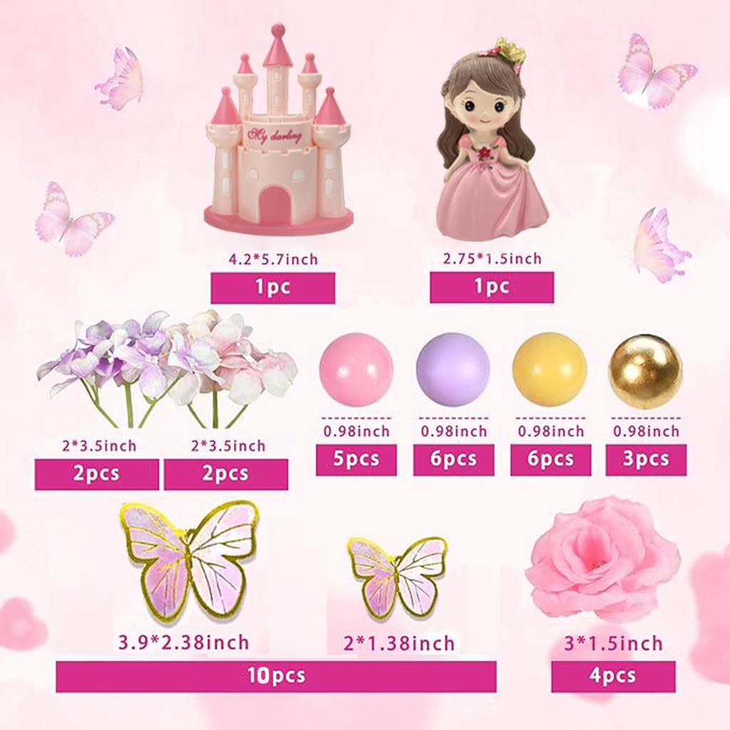 40 PCS Princess Cake Topper Castle Cake Decoration with Butterflies Artificial Flowers and Balls for Girls Kids Happy Birthday P