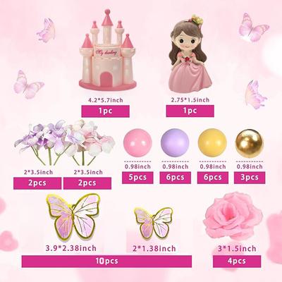 40 Peças Topper de Bolo de Princesa Decoração de Bolo de Castelo com Borboletas Flores Artificiais e Bolas para Meninas Crianças Feliz Aniversário P