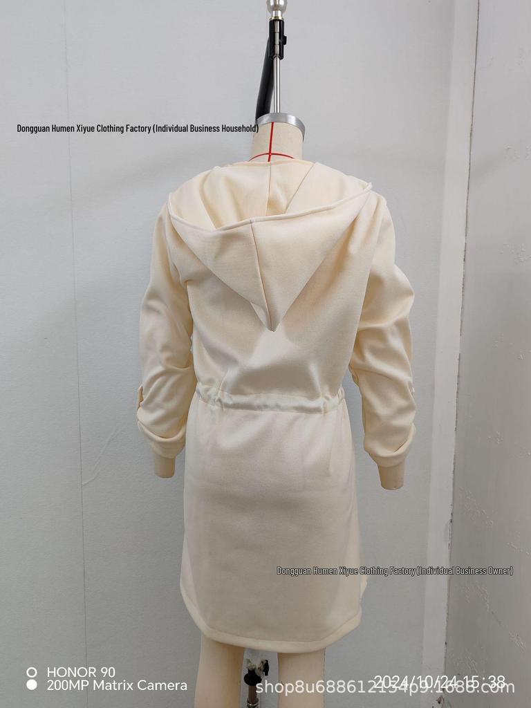 2024 European & American Women's Lace-up Hooded Lapel Long-Sleeved Casual Autumn/Winter Outerwear