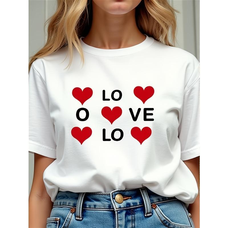 

European Size Women S Valentine S Day Oversized T-Shirt | White with Red Hearts & Black LOVE Letter Slogan, Soft Crew Neck, Casual Loose Fit 4XL