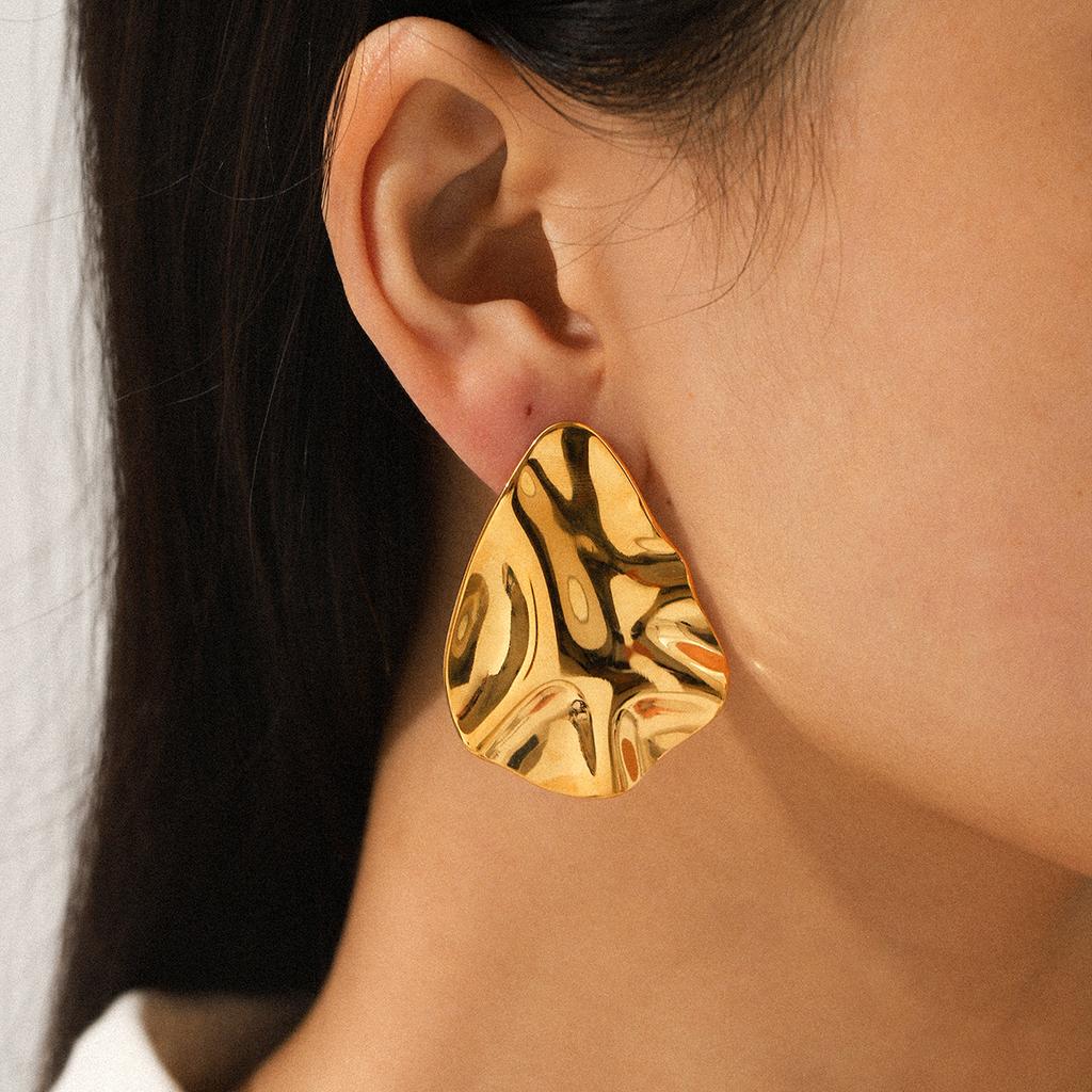 18k Gold Hammered Texture Earrings for Women, Irregular Studs, Premium Light Luxury Ear Jewelry, Versatile