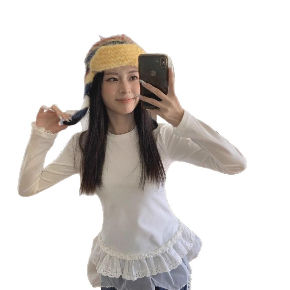 Koreanisches Süßes Spitzenbesatz Langarm Thermofleece Damen Oberteil - Herbst/Winter Schlankmachender Vielseitiger Stil.