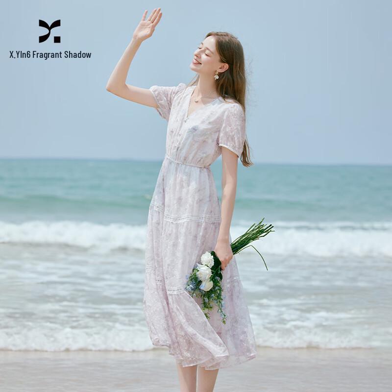 Xiangying Purple Floral V-neck A-line Dress S