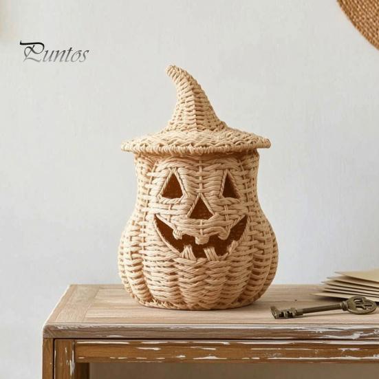Rustic Fall Aesthetic Halloween Pumpkin Lantern Tabletop Decor, Woven Witch Hat Candy Bowl & LED Decorative Storage Container Prop, Gothic Centerpiece