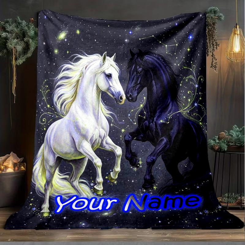 1PC Custom Name "Galactic Horse Dance" flannel blanket versatile,all-season throw suitable for the living room,bedroom,camping,travel,and gift