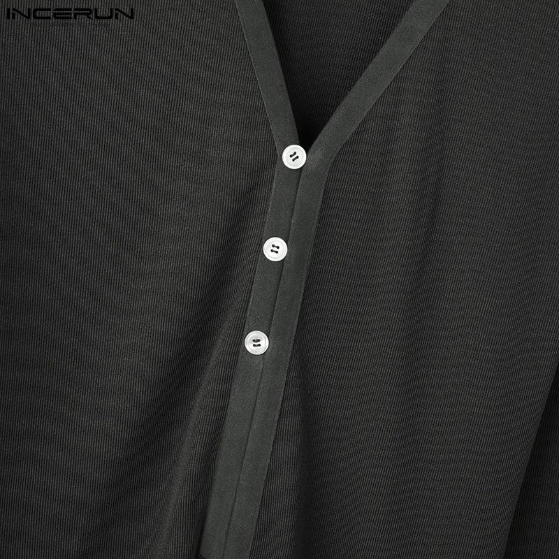 INCERUN Men V Neck Long Sleeve Buttons Rib Casual Fitted Tops T-shirts Undershirts