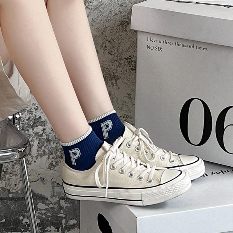 Striped socks for women, low-top ship socks, breathable navy style sports cotton socks, spring and autumn short-sleeved women's socks