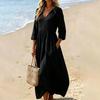 Women V Neck Three Quarter Sleeve Loose Fit Cotton Linen Dress with Pockets Casual Solid Midi Length Comfortable Style