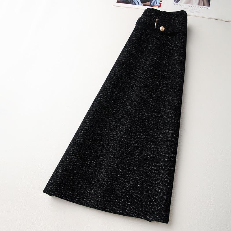 Women's Black Wool A-line Midi Skirt with Irregular Hem for Autumn/Winter 2024