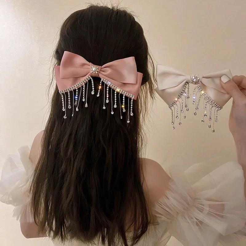 Newest Fashion Korean Style Bow Rhinestone Tassel Satin Hair Clip Wedding Party Personalized Styling Accessories Creative Gifts