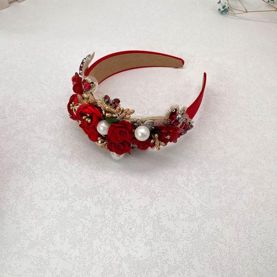 Women Heaband Fake Flower Faux Pearl Shiny Rhinestone Decor Wide Vintage Luxury Anti-slip Colorful Hair Hoop Anti-slip Hair Decoration Accessory