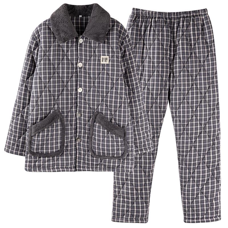 Pajamas Men'S Autumn And Winter Three-Layer Fleece Warm Coral Fleece Padded Cotton Men'S Woven Cotton Homewear Padded Jacket Set