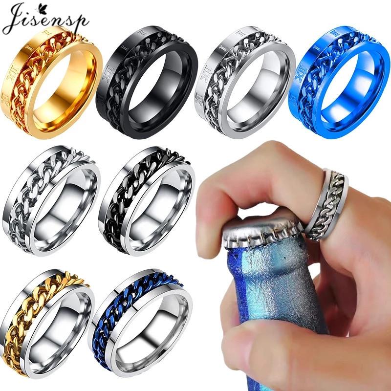 Fashion Anxiety Fidget Rings Relaxing Stainless Steel Rotatable Chain Ring for Men Women Spinner Zircon Gold Black Bague Homme