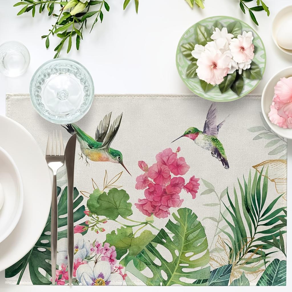 1pc Spring and Summer Geranium Flower Placemats, Red Floral Hummingbird Palm Leaf Monstera Table Placemats