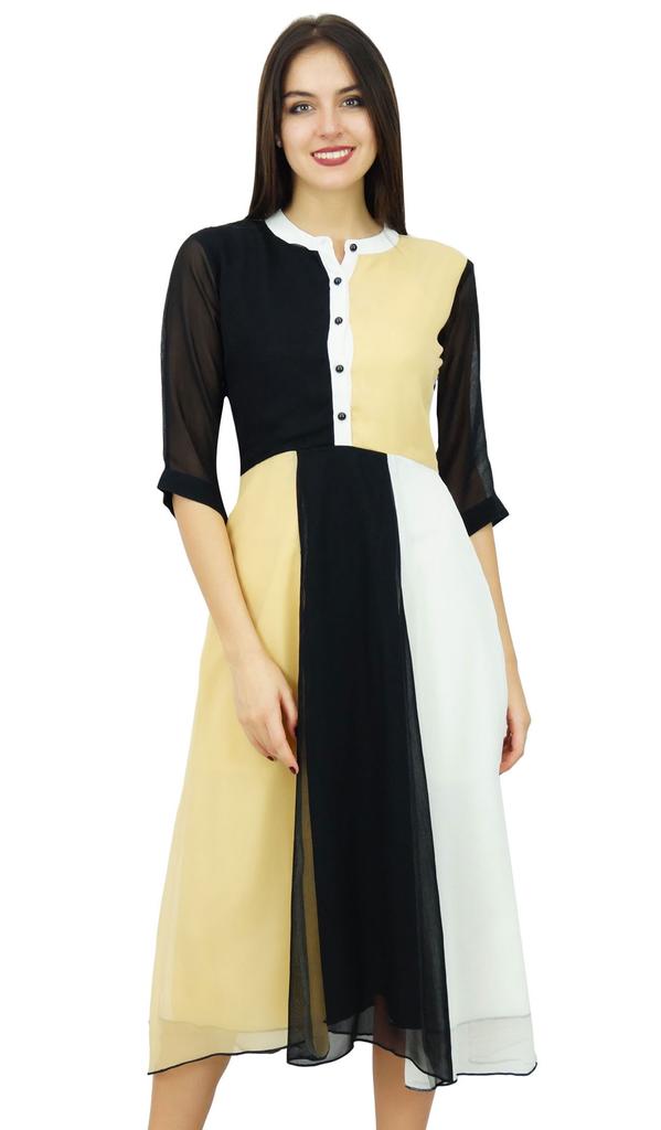 Bimba Womens Classic Mandarin Collar Shift TriColor Midi Summer Chic Dresses