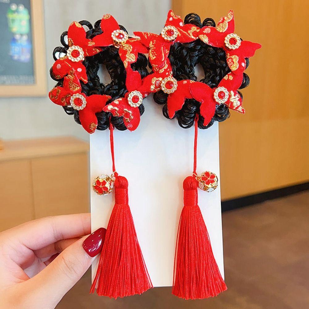Flower Children Hanfu Hair Ring Red Ancient Style Scrunchines Bow Wig Braid Hair Rope  Children