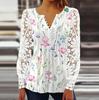 Spring and Autumn Women's Lace Long Sleeve Pleated Blouse Women Sexy V-Neck Hollow Out Button T-Shirts Lady Clothes Tops