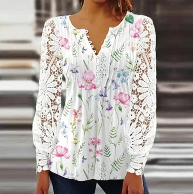Spring and Autumn Women's Lace Long Sleeve Pleated Blouse Women Sexy V-Neck Hollow Out Button T-Shirts Lady Clothes Tops