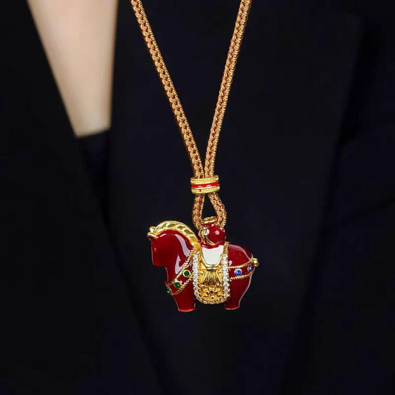 

Rich Soon Red Tang Horse Pendant Zodiac Necklace - Enamel Horse Sweater Accessory for Women