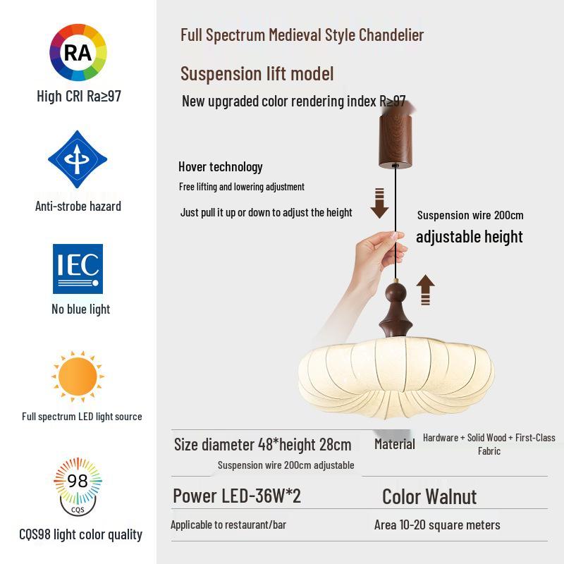 Chinese Fabric Pendant Light for Bedroom or Study - Solid Wood Pattern, Eye-Protecting Ceiling Light for Restaurant.