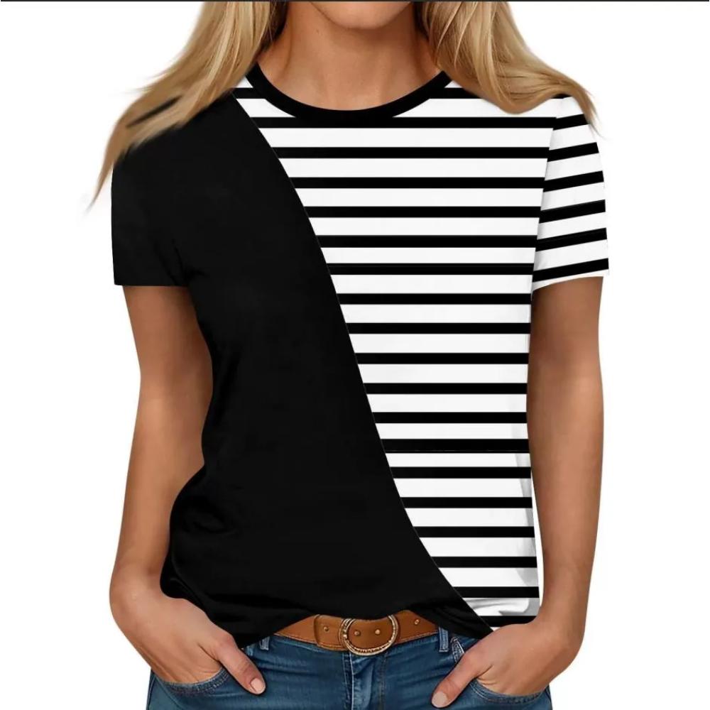 Comfortable Simple Women s Striped V-neck Top Fashionable Short-sleeved Daily Versatile T-Shirts Women’s XS