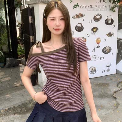 Harajuku Magliette da donna estate manica corta Scollo obliquo casual sexy allacciatura striscia viola Slim t-shirt Da donna y2k crop Top Abbigliamento