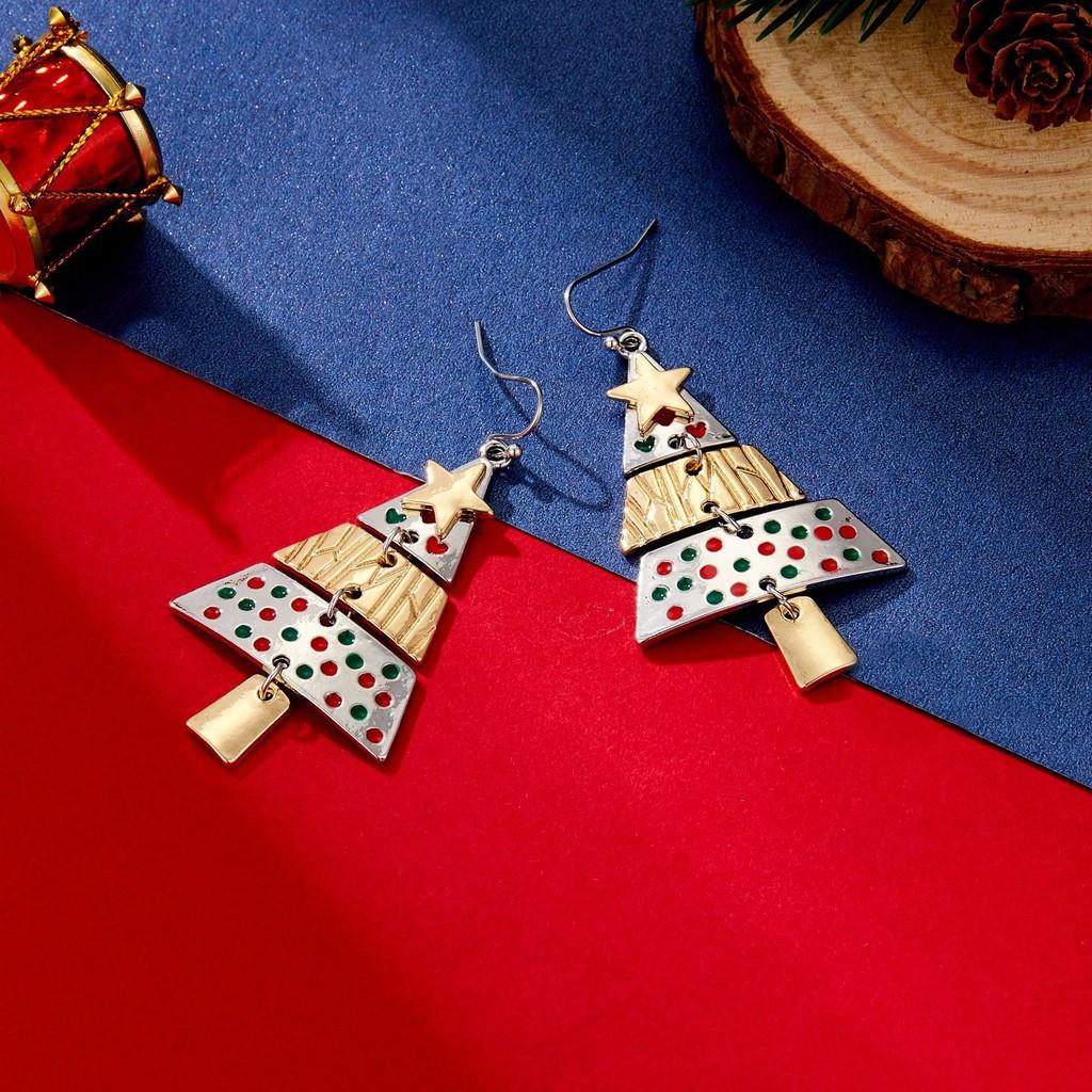 Trendy Long Alloy Christmas Tree Earrings Featuring Vibrant Geometric Star Shapes Celebrations For