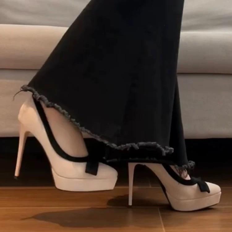 Waterproof Table High Heels Women's Stilettos 2025 Spring and Autumn New French Bow Fairy Catwalk Nightclub Sexy Single Shoes