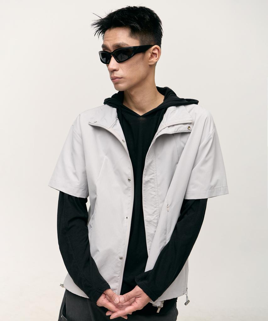 Placestudioman Authentic Light Diagonal Cut Point High-Neck Nylon Windbreaker Short Sleeve Jacket [Gray]