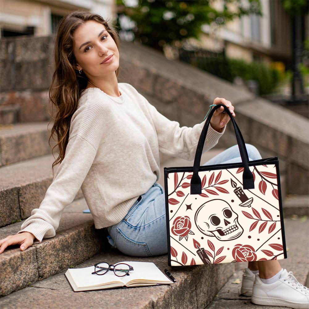 Gothic Skull Rose Print Casual Tote Bag