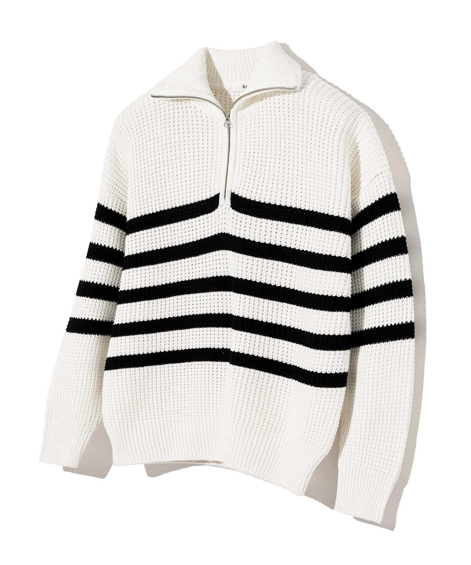 Nitied Soft Cotton Heavy Waffle Half Zip Knit Stripe Ivory Xl