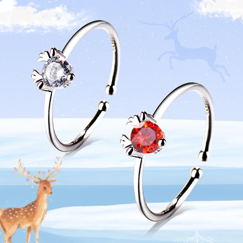 Mori Girl Heart Diamond Reindeer Ring - Simple Fashion Antler Design, Perfect for Japanese & Korean Students' Christmas Gift