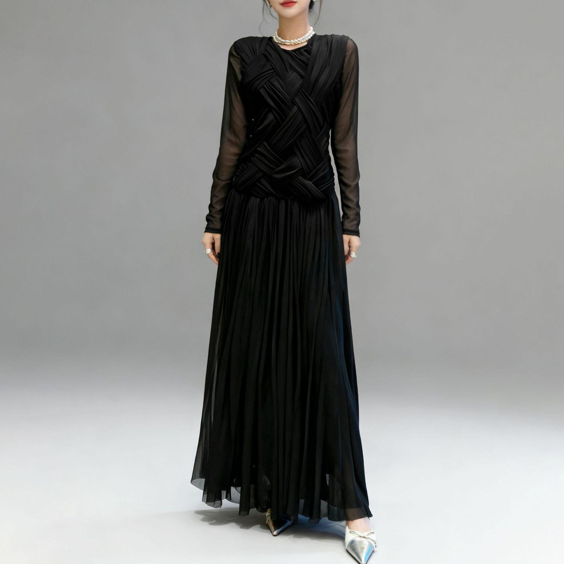 2026 Spring Women s Elegant Mesh Dress: Solid Color, Round Neck, Elastic Waist, Slim Fit Medium чёрный